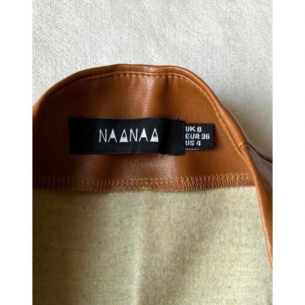 Naanaa Brown Faux Leather Mini Skirt Size US 4‎ Cognac Wrap Front Zip Slit